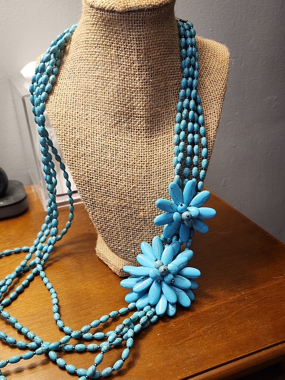 Costume Turquoise Multi-Strand Floral Necklace - Women Jewelry